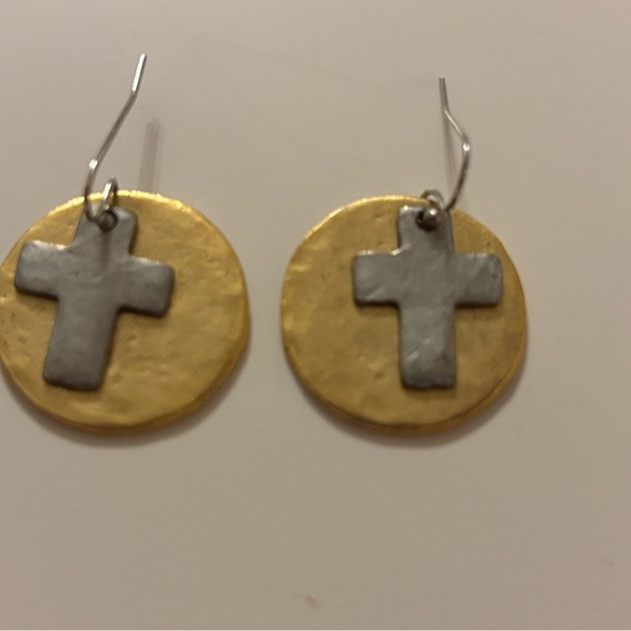 Gold and Silver Cross Disc Earrings - Picture 2 of 3